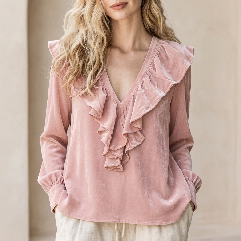 VELOURA V-NECK RUFFLE BLOUSE