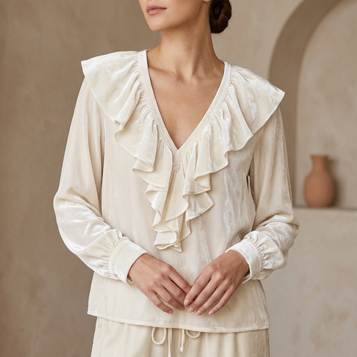 VELOURA V-NECK RUFFLE BLOUSE