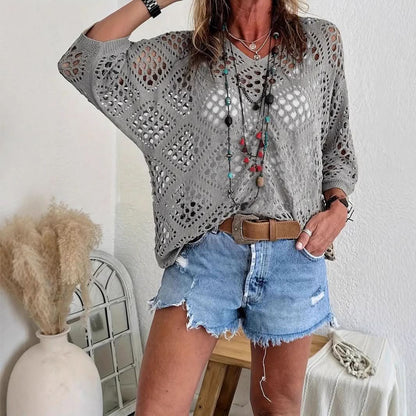 ELOWEN BEIGE CROCHET V-NECK TOP