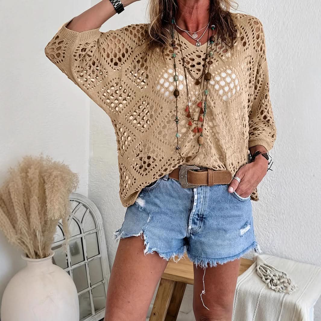 ELOWEN BEIGE CROCHET V-NECK TOP