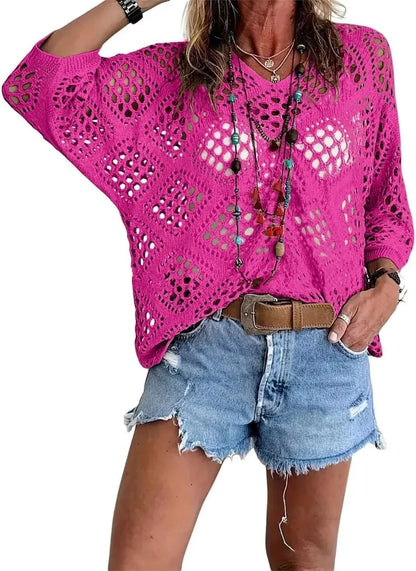 ELOWEN BEIGE CROCHET V-NECK TOP