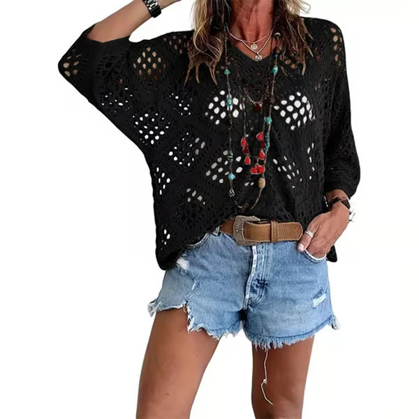 ELOWEN BEIGE CROCHET V-NECK TOP