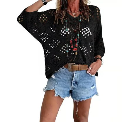 ELOWEN BEIGE CROCHET V-NECK TOP
